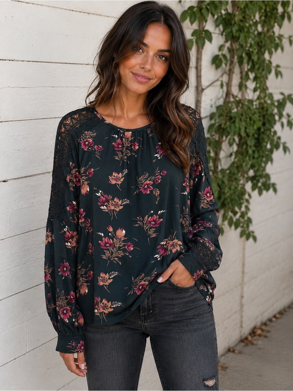 Daniel Rainn Black Floral Blouse with Burgundy & Blush Accents